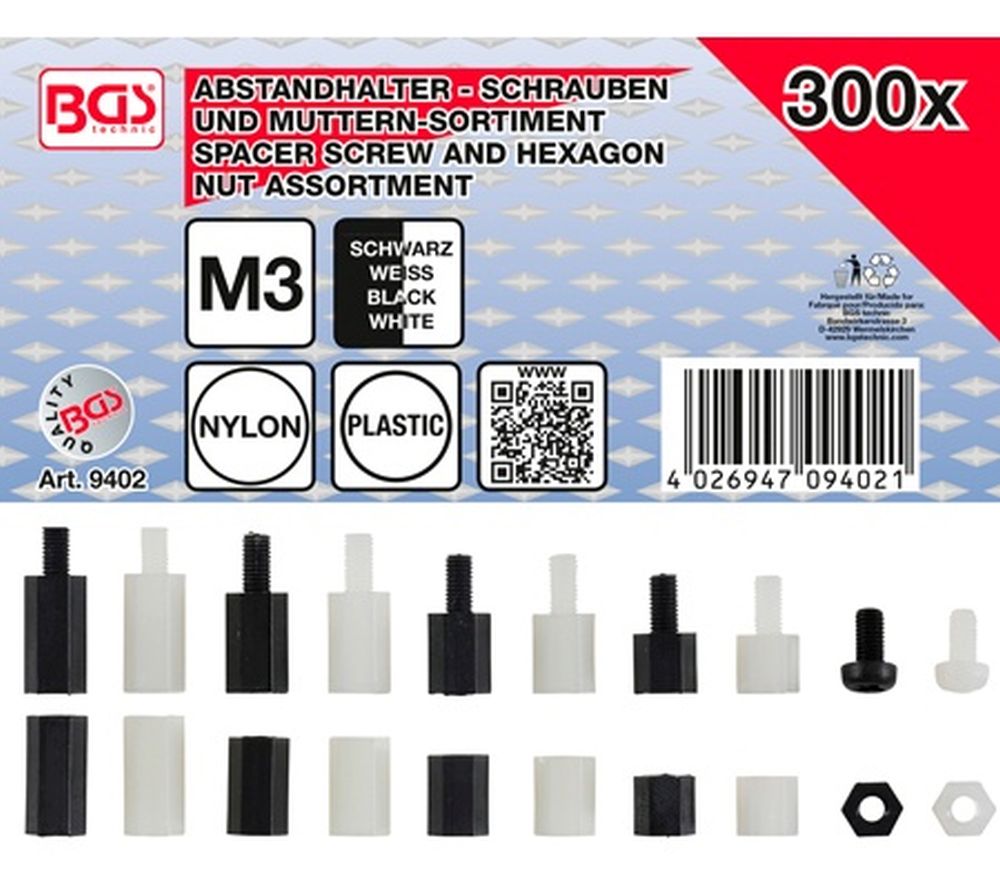 BGS Abstandhalter-Schrauben und Sechskant-Muttern-Sortiment | Nylon | 300-tlg.