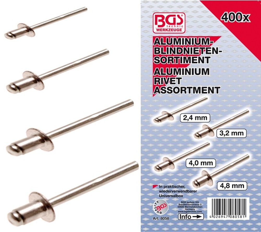BGS Blindnieten-Sortiment | Aluminium | 2,4 - 4,8 mm | 400-tlg.
