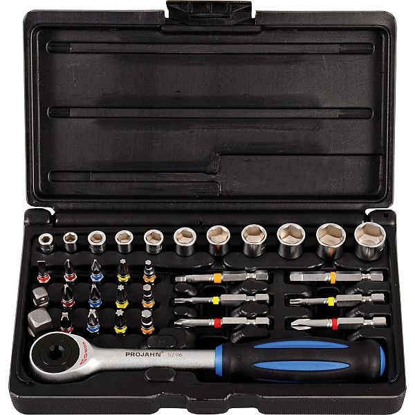1/4" Bit Box mit markierten Bits 33tlg mit Drehgriffknarre und 6kt-Bit-Stecknüssen