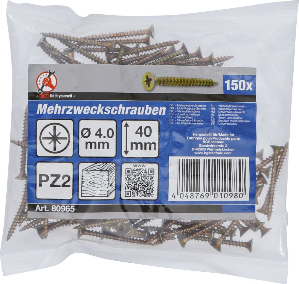BGS Diy Mehrzweckschrauben | Kreuzschlitz PZ2 | 4,0 x 40 mm | 150 Stück