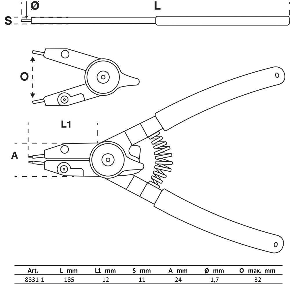 BGS Sprengringzange | für Außen-/Innensprengringe | auswechselbare Spitzen | 180 mm