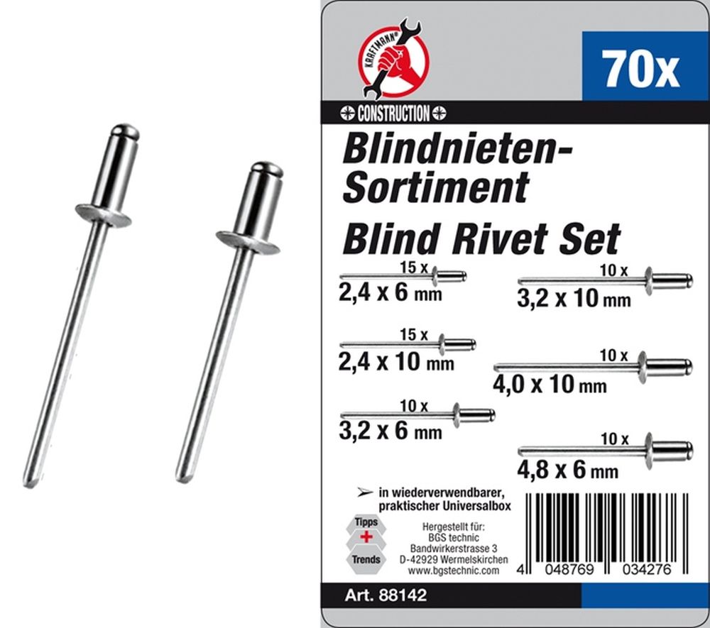 Blindnieten-Sortiment - Ø 2,4 - 4,8 mm - 70-tlg.