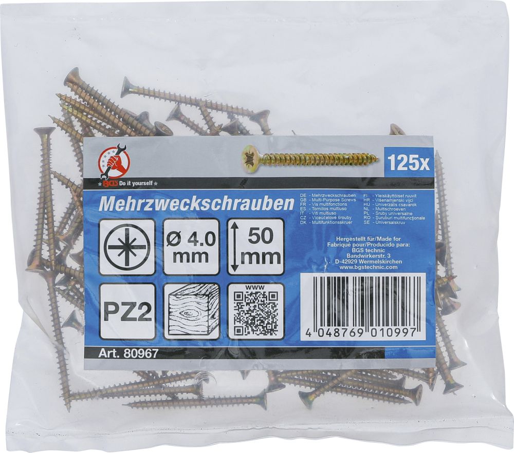 BGS Diy Mehrzweckschrauben | Kreuzschlitz PZ2 | 4,0 x 50 mm | 125 Stück