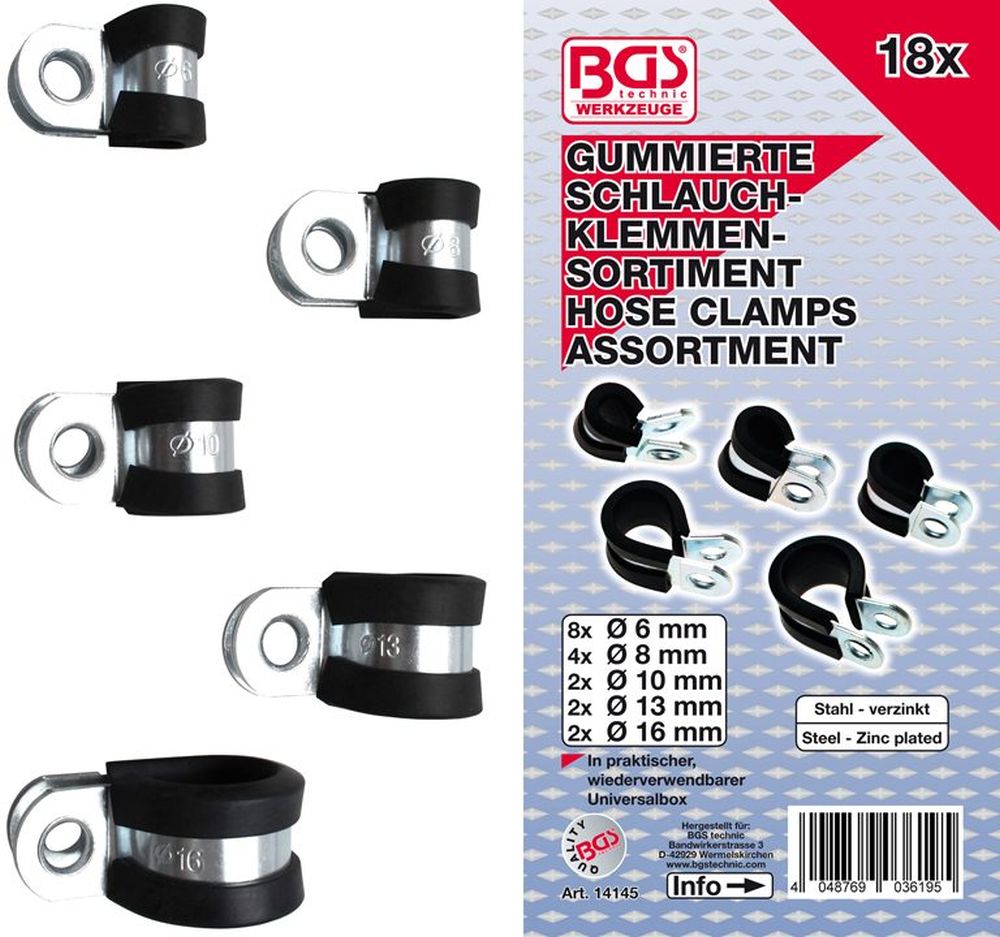 BGS Gummierte Schlauchklemmen-Sortiment | Ø 6 - 16 mm | 18-tlg.