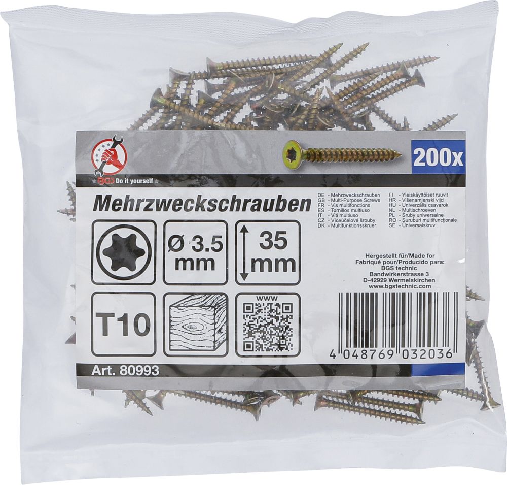 BGS Diy Mehrzweckschrauben | T-Profil (für Torx) T10 | 3,5 x 35 mm | 200 Stück
