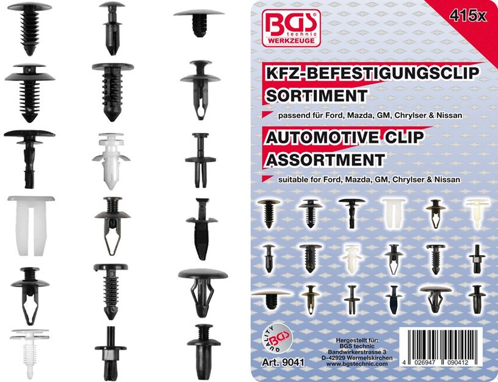 BGS Kfz-Befestigungsclip-Sortiment für Ford, Mazda, GM, Chrylser, Nissan | 415-tlg.