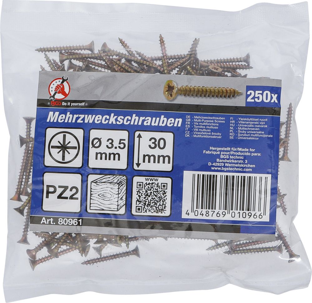 BGS Diy Mehrzweckschrauben | Kreuzschlitz PZ2 | 3,5 x 30 mm | 250 Stück