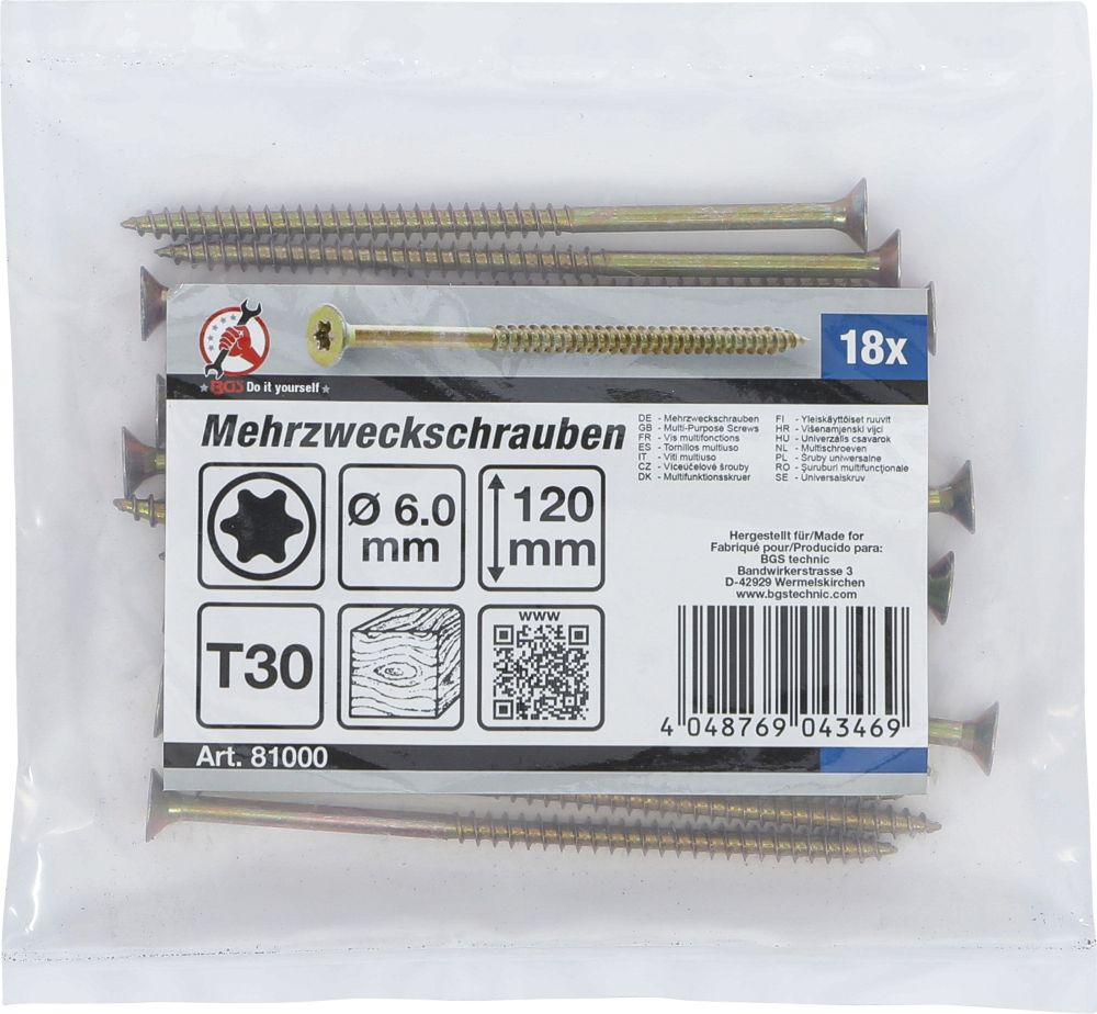 BGS Diy Mehrzweckschrauben | T-Profil (für Torx) T30 | 6,0 x 120 mm | 18 Stück