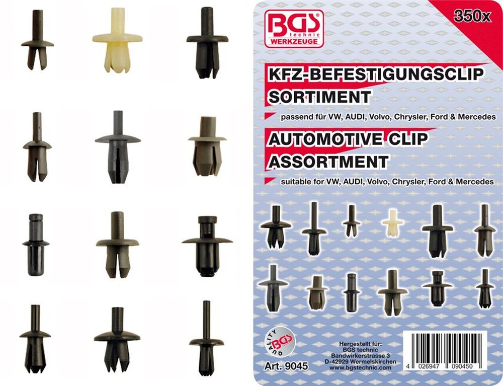 BGS Kfz-Befestigungsclip-Sortiment für VW, Audi, Volvo, Chrysler, Ford, Mercedes-Benz | 350-tlg.