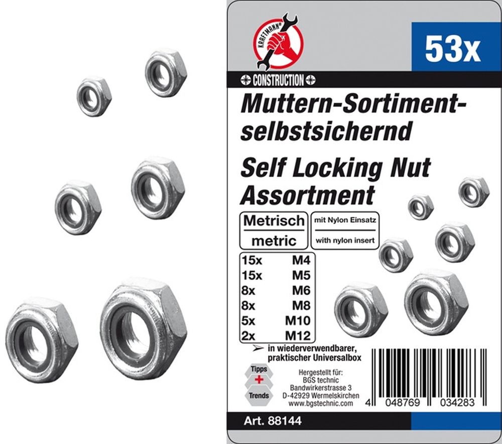BGS Diy Muttern-Sortiment | selbstsichernd | metrisch | M4 - M12 | 53-tlg.