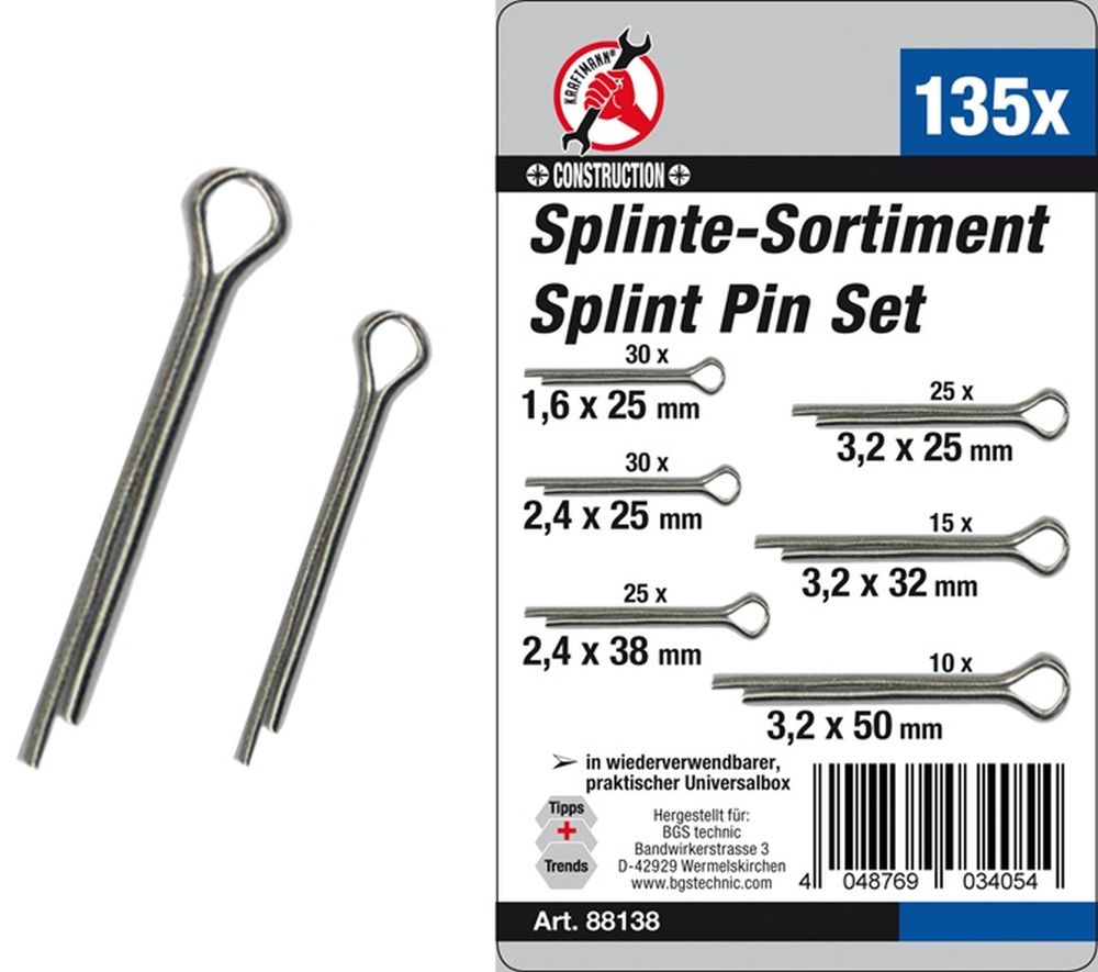 BGS Diy Splinte-Sortiment | Ø 1,6 - 3,2 mm | 135-tlg.