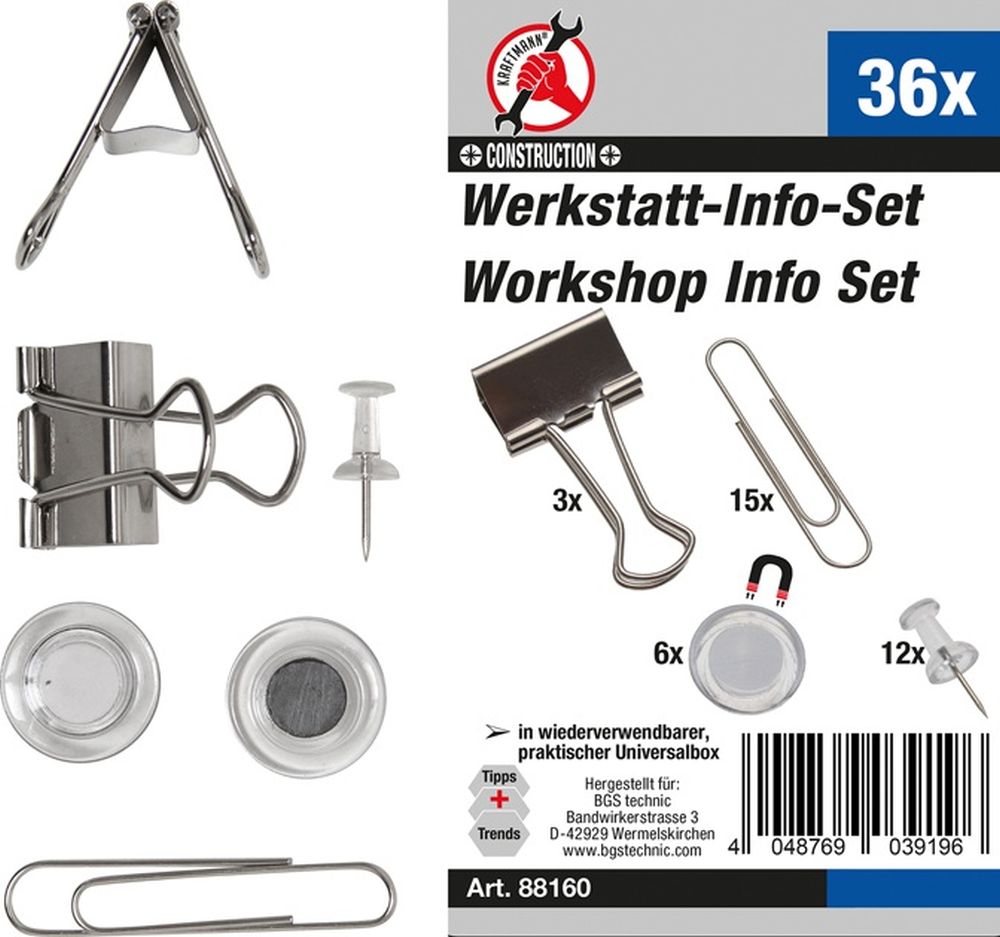BGS Diy Werkstatt-Info-Satz mit Büroklammern, Magneten, Nadeln | 36-tlg.
