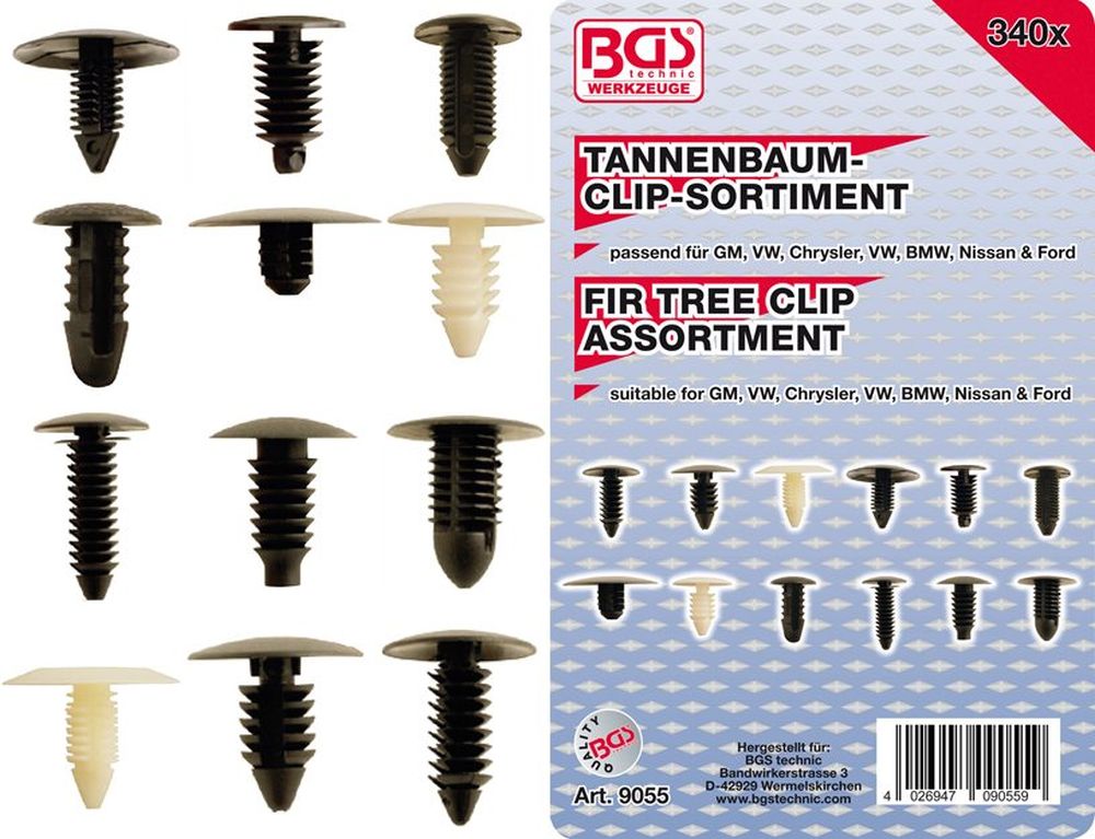 BGS Tannenbaumclip-Sortiment für GM, VW, Chrysler, BMW, Nissan, Ford | 340-tlg.