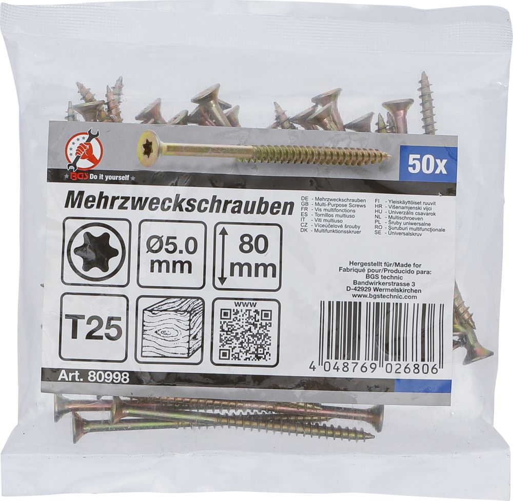 BGS Diy Mehrzweckschrauben | T-Profil (für Torx) T25 | 5,0 x 80 mm | 50 Stück