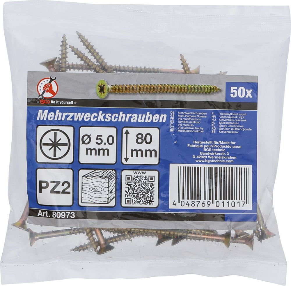 BGS Diy Mehrzweckschrauben | Kreuzschlitz PZ2 | 5,0 x 80 mm | 50 Stück