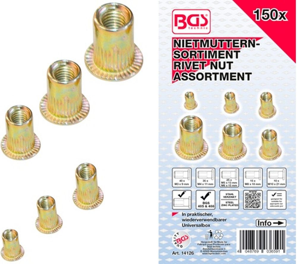BGS Nietmuttern-Sortiment | verzinkter Stahl | 150-tlg.